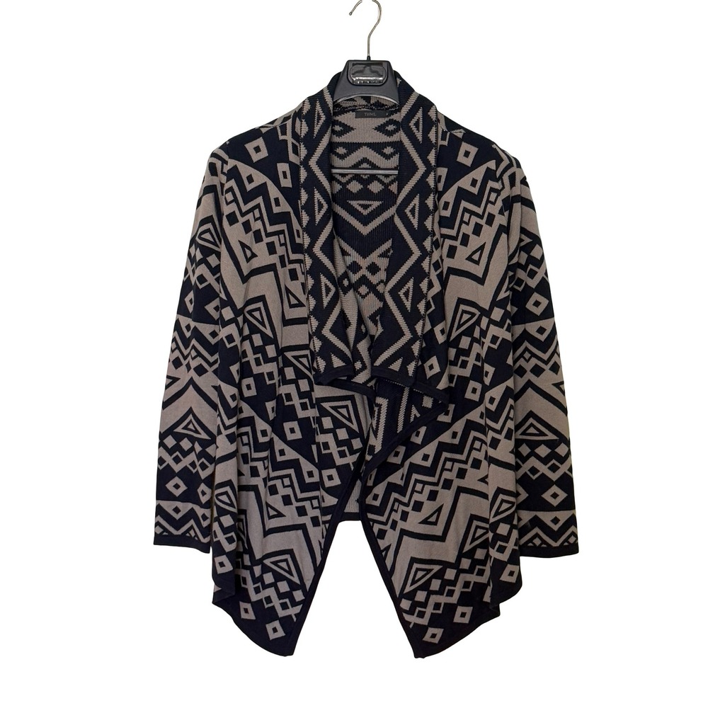 THML Womens‎ Medium Navy Blue Taupe Geometric Tribal Open Front Cardigan TMK276